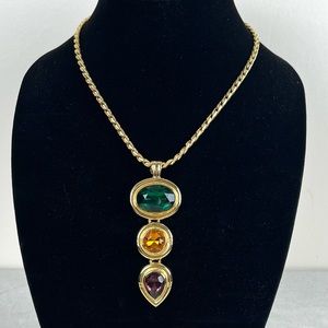 90s Sandra Miller Burrows SMB Gold Tone Triple Jewel Pendant and Necklace